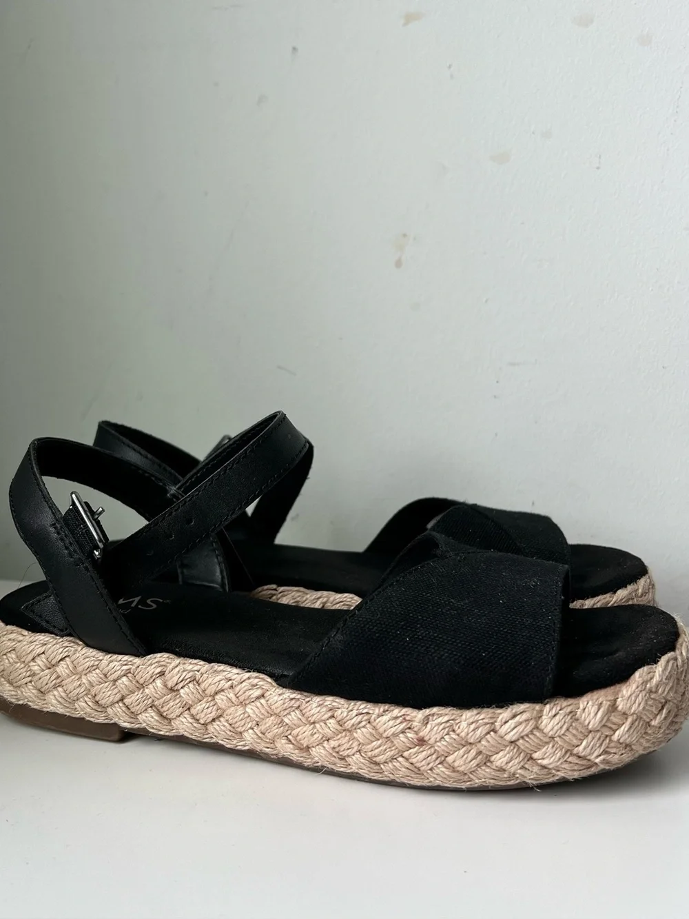 Toms Black Platform Espadrille Sandals with Braided Jute Sole - Women